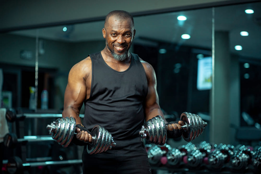 Low Testosterone in Men Symptoms Causes and Treatment Options African American middle aged man at the gym with weights in his hands